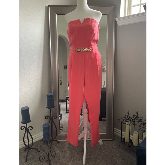 Coral with gold belt jumpsuits - Picture 2 of 12